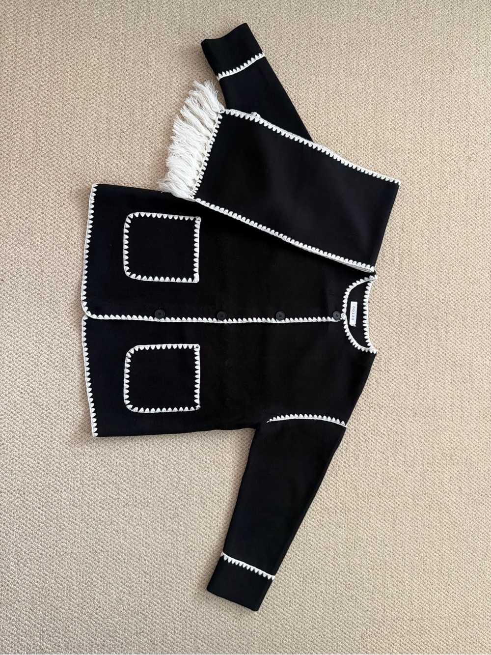 Black Cardigan with White Trim and detachable matching scarf